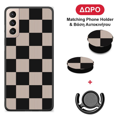 Black and Taupe Striped Checks - Samsung Galaxy S21+ θήκη + Δώρο Phone Holder & Βάση Αυτοκινήτου