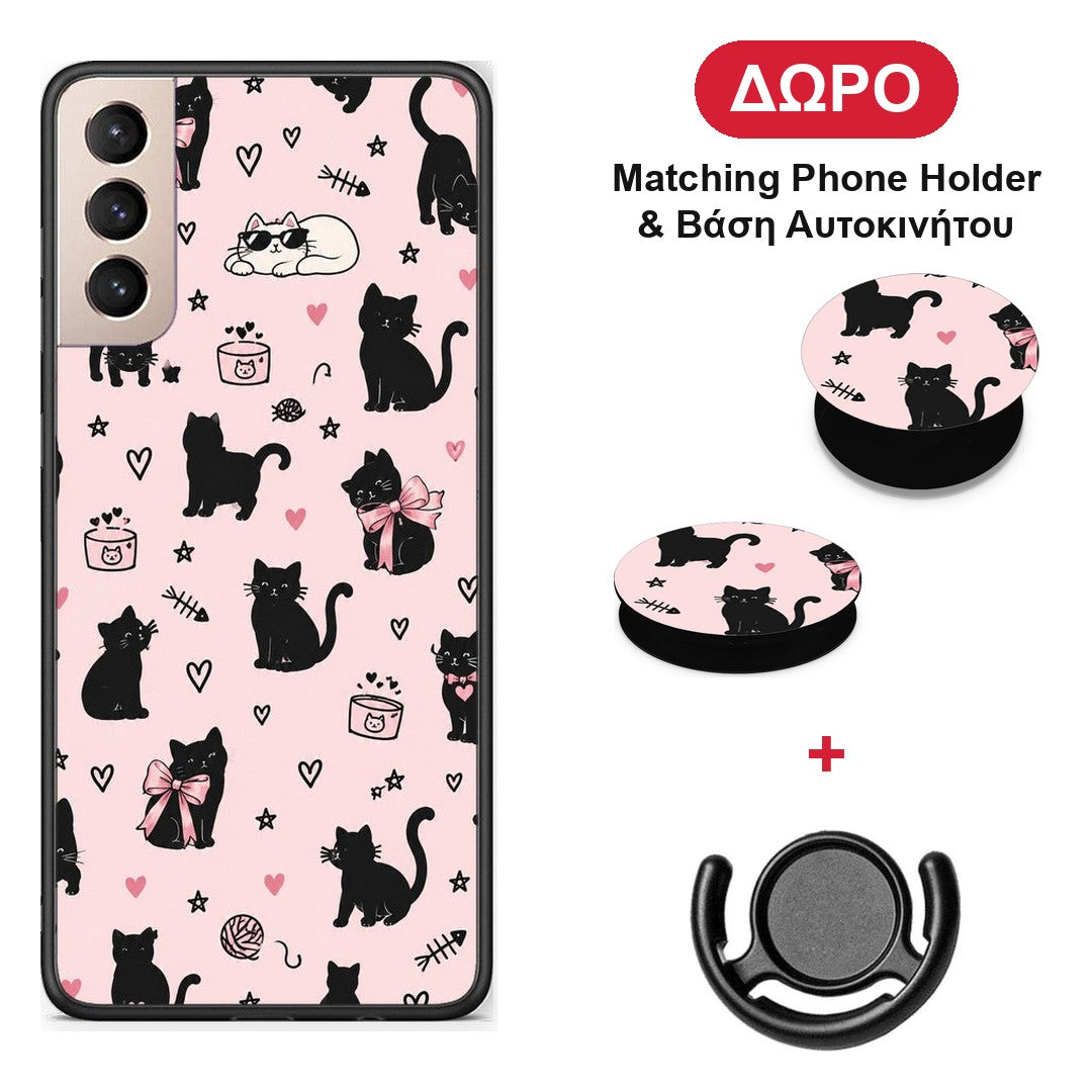 Black Cat Doodles on Pink - Samsung Galaxy S21+ θήκη + Δώρο Phone Holder & Βάση Αυτοκινήτου