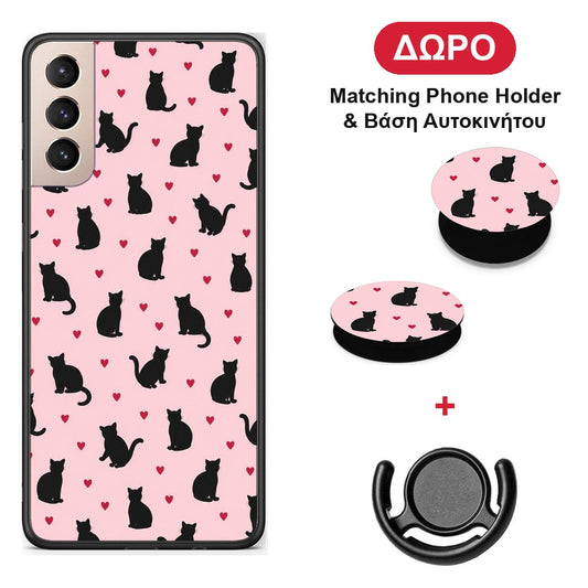 Black Cat Silhouettes and Hearts on Pink - Samsung Galaxy S21+ θήκη + Δώρο Phone Holder & Βάση Αυτοκινήτου