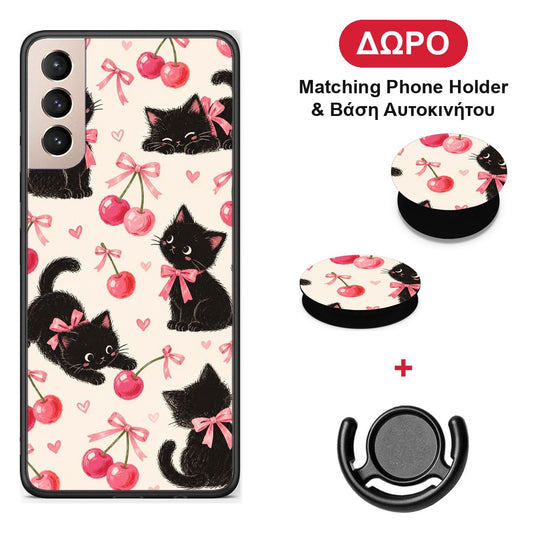 Black Kittens and Cherries on Cream - Samsung Galaxy S21+ θήκη + Δώρο Phone Holder & Βάση Αυτοκινήτου