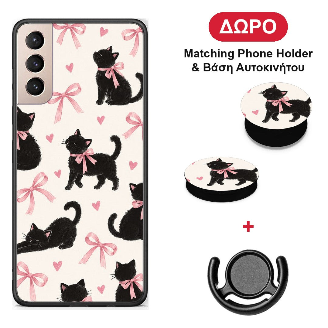 Black Kittens and Pink Bows on Cream Large - Samsung Galaxy S21+ θήκη + Δώρο Phone Holder & Βάση Αυτοκινήτου