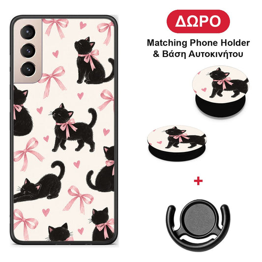 Black Kittens and Pink Bows on Cream Large - Samsung Galaxy S21+ θήκη + Δώρο Phone Holder & Βάση Αυτοκινήτου