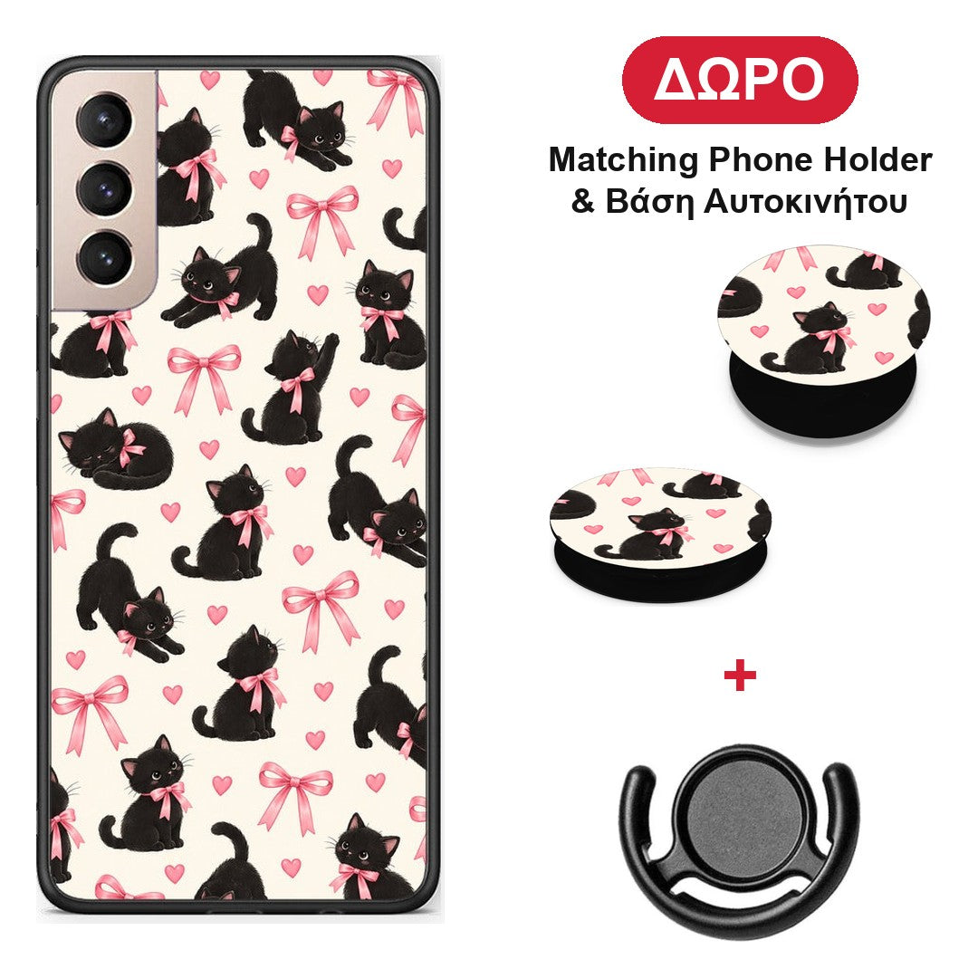 Black Kittens and Pink Bows on Cream Small - Samsung Galaxy S21+ θήκη + Δώρο Phone Holder & Βάση Αυτοκινήτου