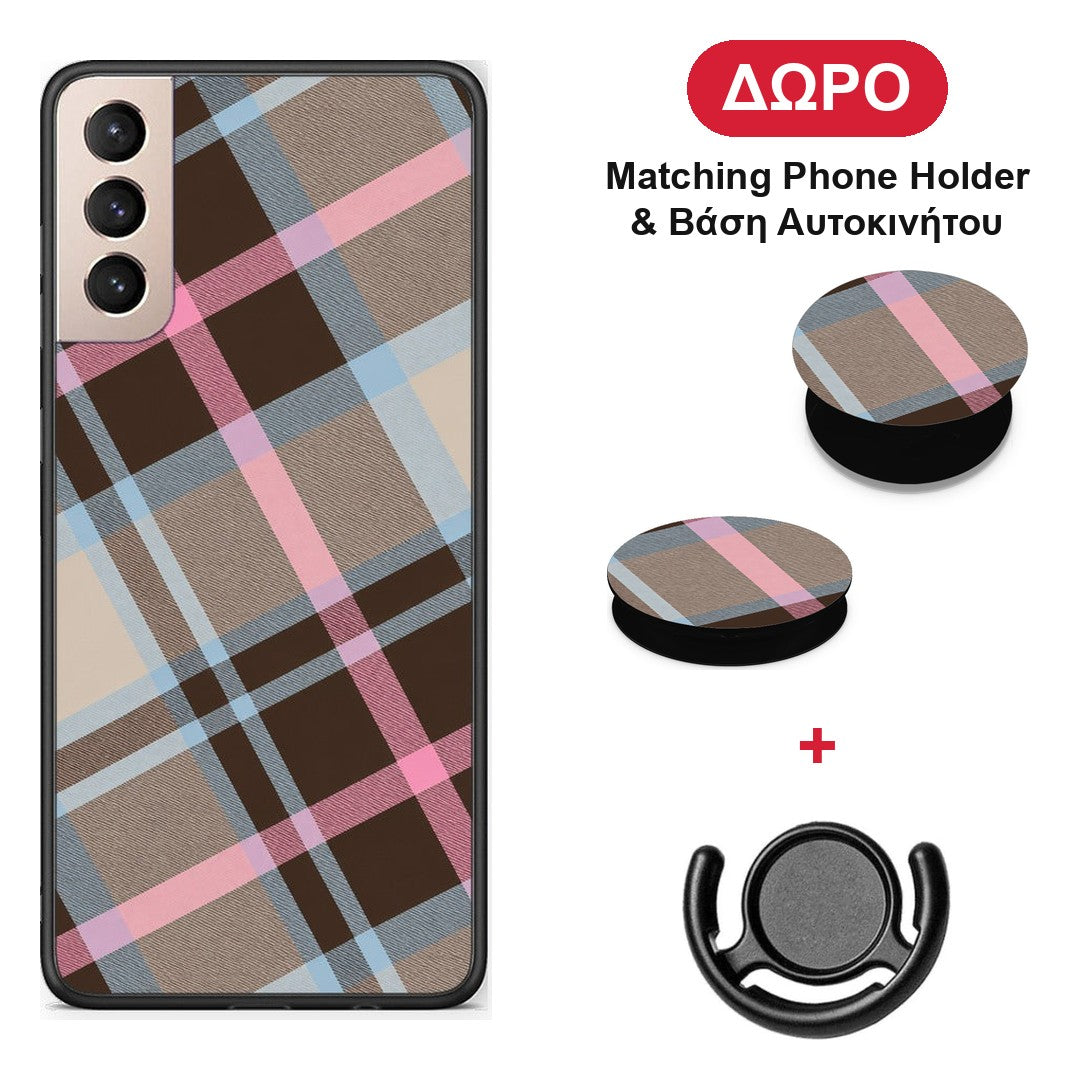 Brown Pink and Blue Diagonal Plaid - Samsung Galaxy S21+ θήκη + Δώρο Phone Holder & Βάση Αυτοκινήτου