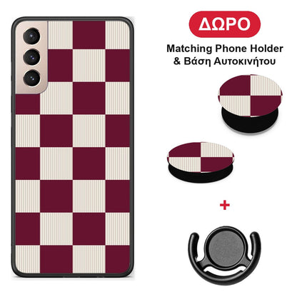 Burgundy and Cream Striped Checks - Samsung Galaxy S21+ θήκη + Δώρο Phone Holder & Βάση Αυτοκινήτου
