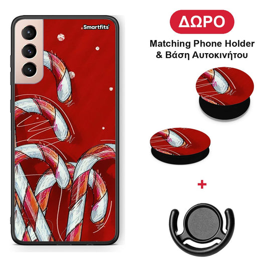 Candy Cane - Samsung Galaxy S21+ θήκη + Δώρο Phone Holder & Βάση Αυτοκινήτου