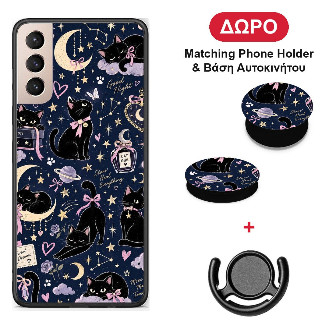 Celestial Black Cats on Navy - Samsung Galaxy S21+ θήκη + Δώρο Phone Holder & Βάση Αυτοκινήτου