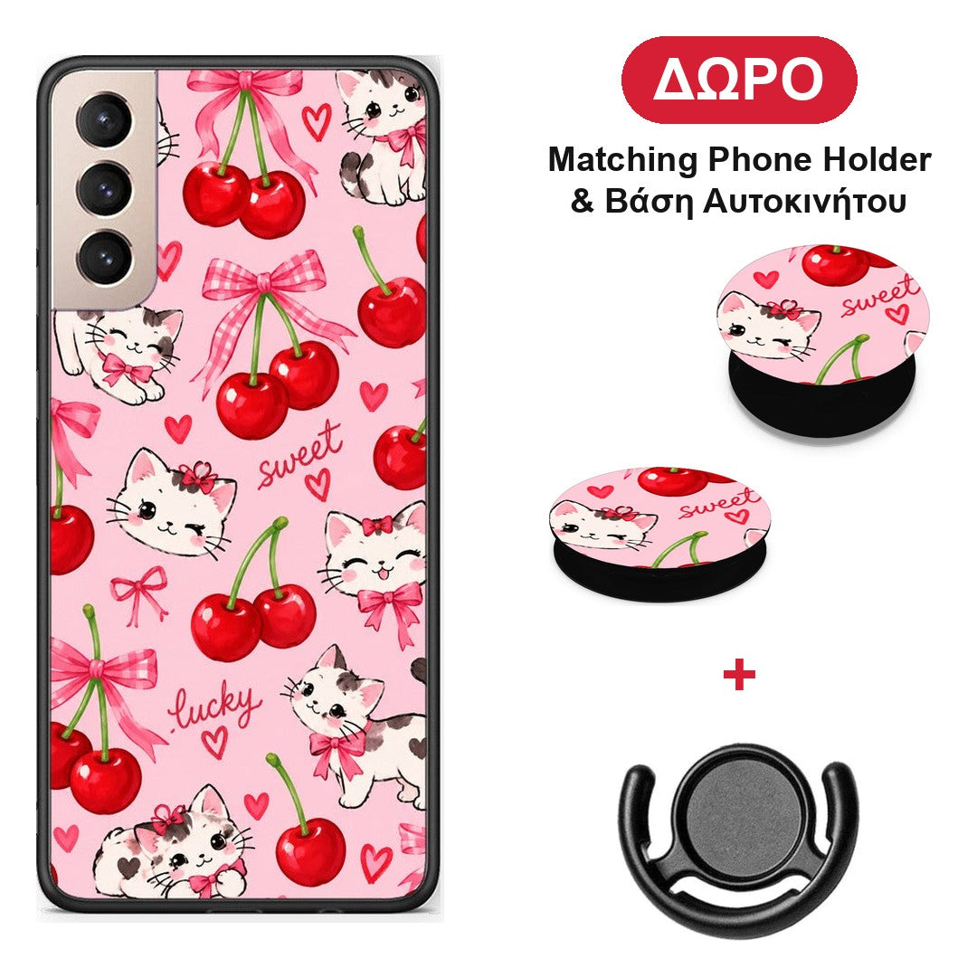 Cherries Bows and Kittens on Pink - Samsung Galaxy S21+ θήκη + Δώρο Phone Holder & Βάση Αυτοκινήτου