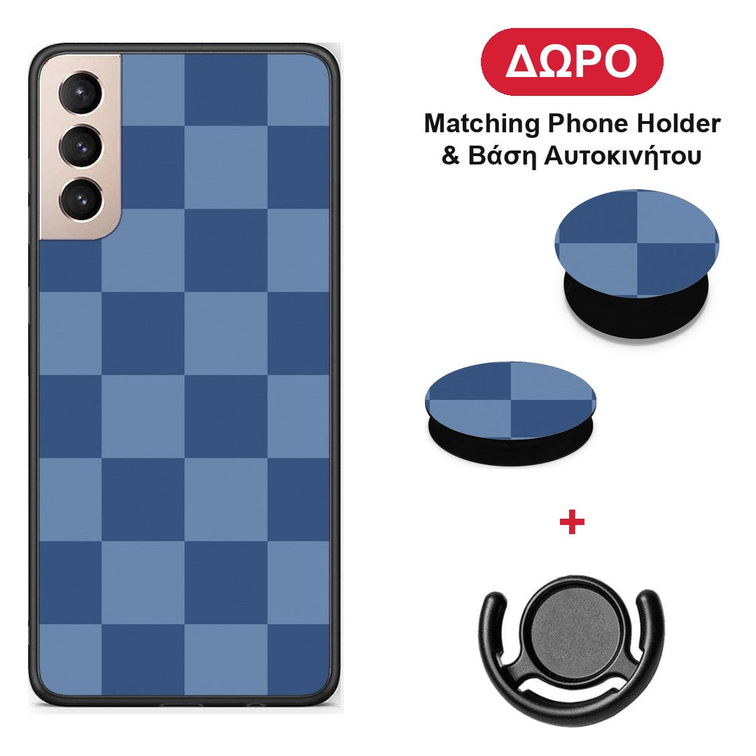 Denim Blue Checkerboard - Samsung Galaxy S21+ θήκη + Δώρο Phone Holder & Βάση Αυτοκινήτου