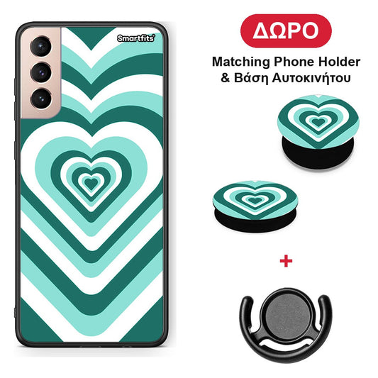 Green Hearts - Samsung Galaxy S21+ θήκη + Δώρο Phone Holder & Βάση Αυτοκινήτου