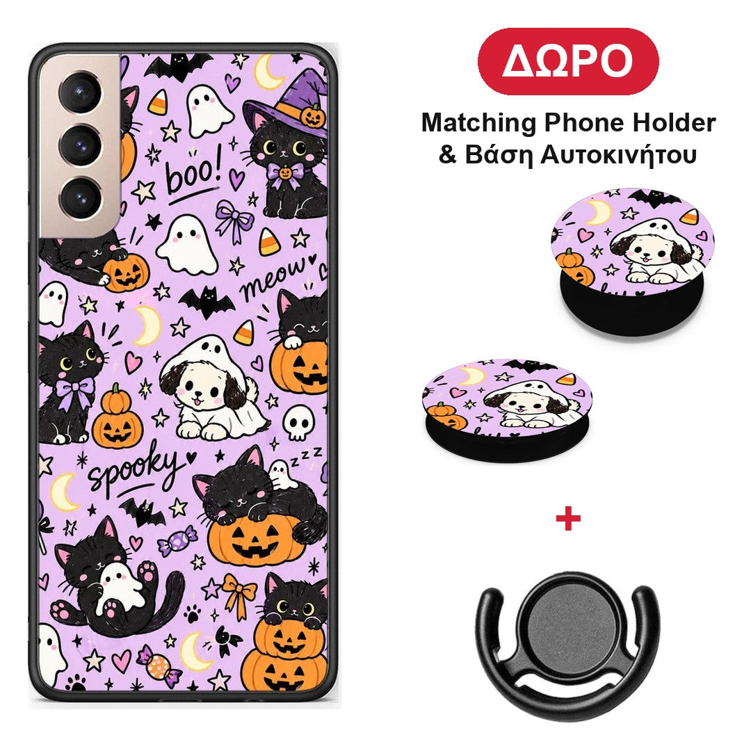 Halloween Black Cats on Lilac - Samsung Galaxy S21+ θήκη + Δώρο Phone Holder & Βάση Αυτοκινήτου