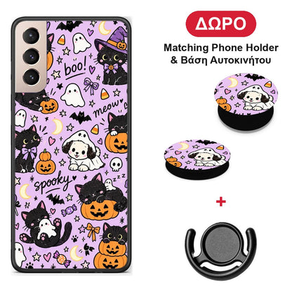 Halloween Black Cats on Lilac - Samsung Galaxy S21+ θήκη + Δώρο Phone Holder & Βάση Αυτοκινήτου