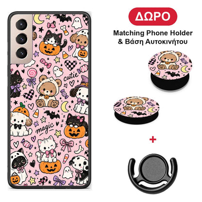 Halloween Cute Animals on Pink - Samsung Galaxy S21+ θήκη + Δώρο Phone Holder & Βάση Αυτοκινήτου