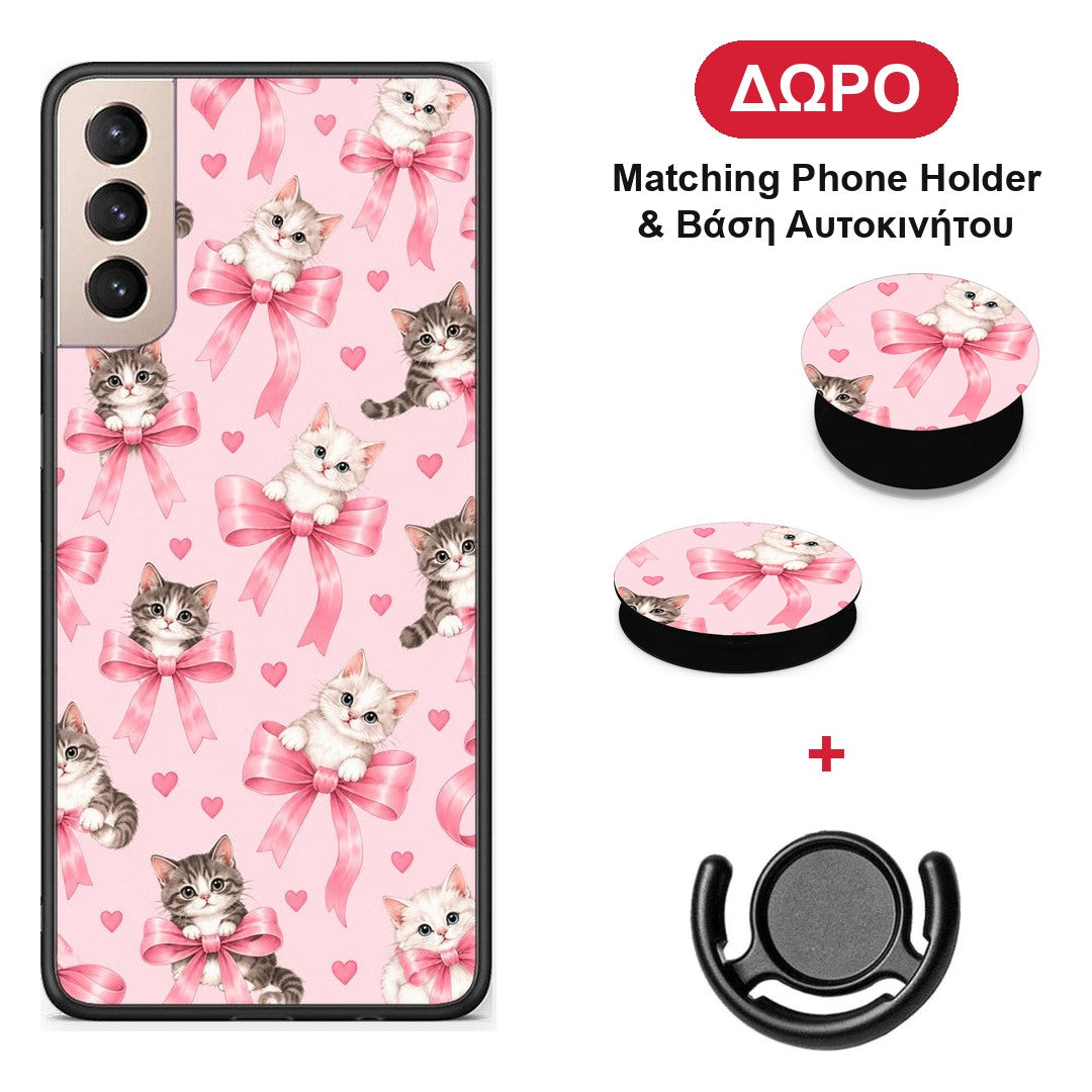Kittens and Pink Bows on Pink - Samsung Galaxy S21+ θήκη + Δώρο Phone Holder & Βάση Αυτοκινήτου