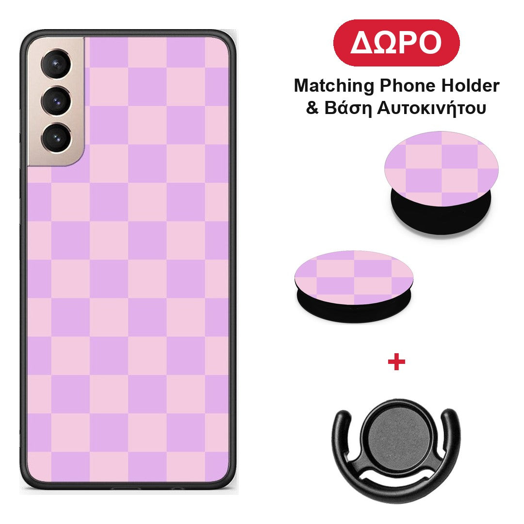 Lavender and Pink Checkerboard - Samsung Galaxy S21+ θήκη + Δώρο Phone Holder & Βάση Αυτοκινήτου