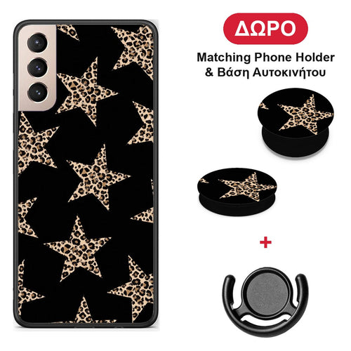 Leopard Stars on Black - Samsung Galaxy S21+ θήκη + Δώρο Phone Holder & Βάση Αυτοκινήτου