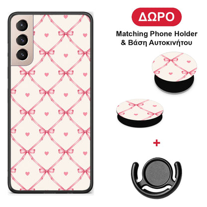 Pink Bow Lattice and Hearts on Cream - Samsung Galaxy S21+ θήκη + Δώρο Phone Holder & Βάση Αυτοκινήτου