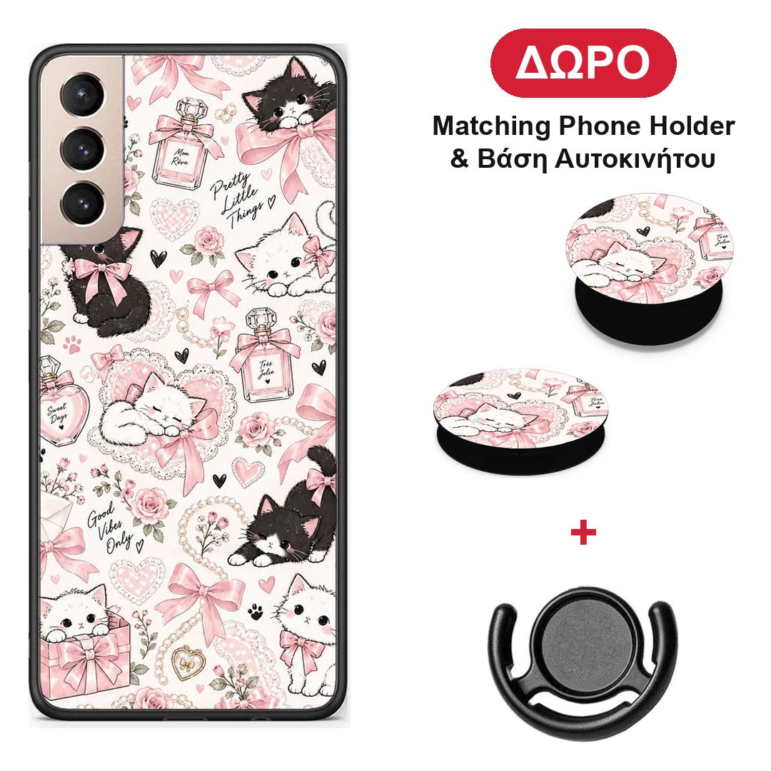Pink Bows and Kittens Collage - Samsung Galaxy S21+ θήκη + Δώρο Phone Holder & Βάση Αυτοκινήτου