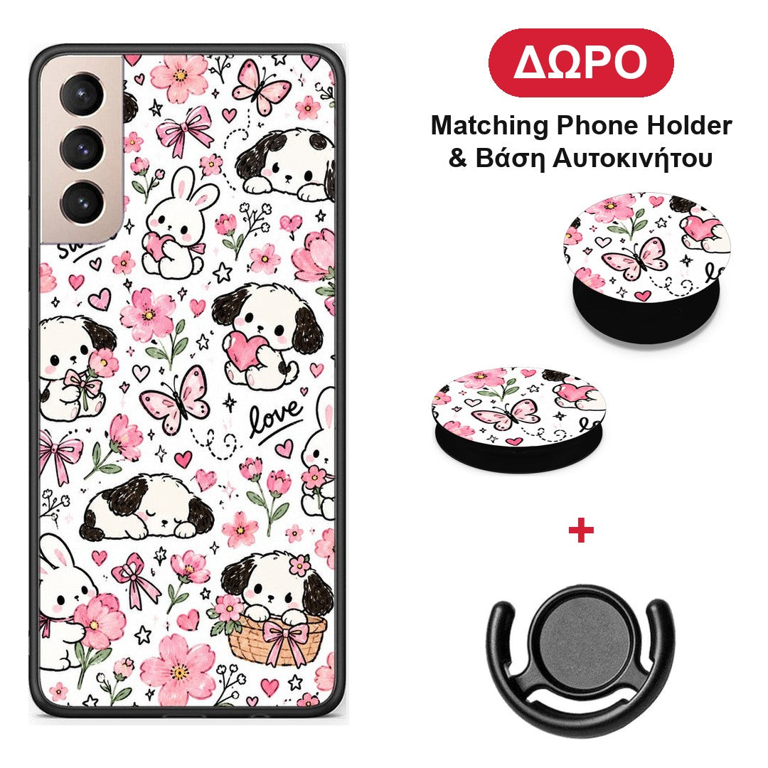 Pink Florals Puppies and Bunnies on White - Samsung Galaxy S21+ θήκη + Δώρο Phone Holder & Βάση Αυτοκινήτου