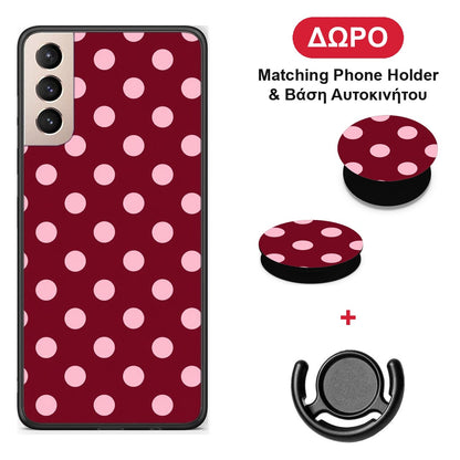 Pink Polka Dots on Burgundy - Samsung Galaxy S21+ θήκη + Δώρο Phone Holder & Βάση Αυτοκινήτου