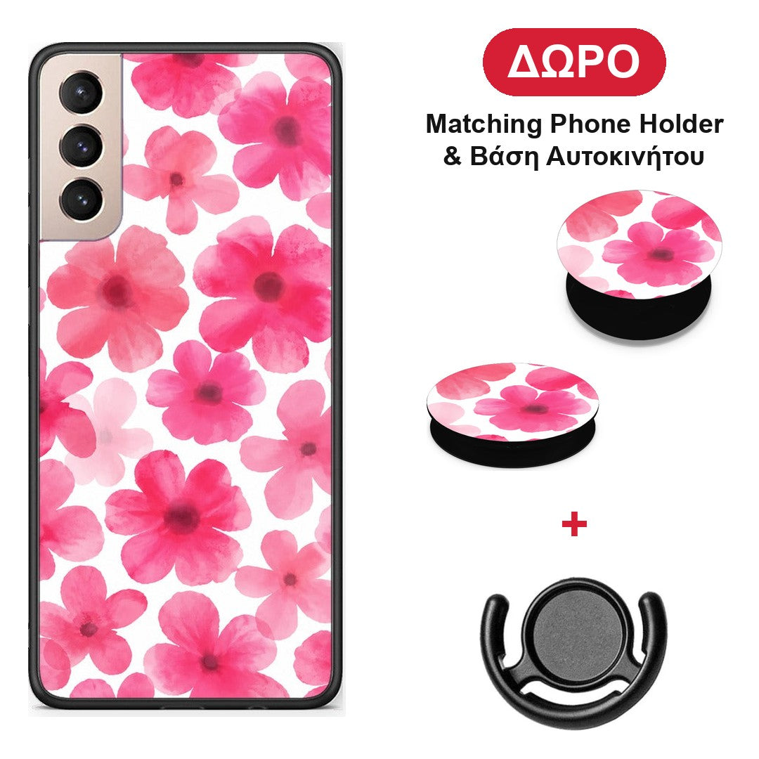Pink Watercolour Flowers on White - Samsung Galaxy S21+ θήκη + Δώρο Phone Holder & Βάση Αυτοκινήτου