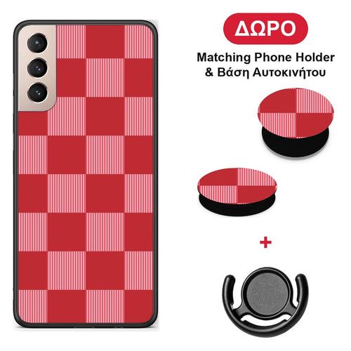Red and Pink Striped Checks - Samsung Galaxy S21+ θήκη + Δώρο Phone Holder & Βάση Αυτοκινήτου