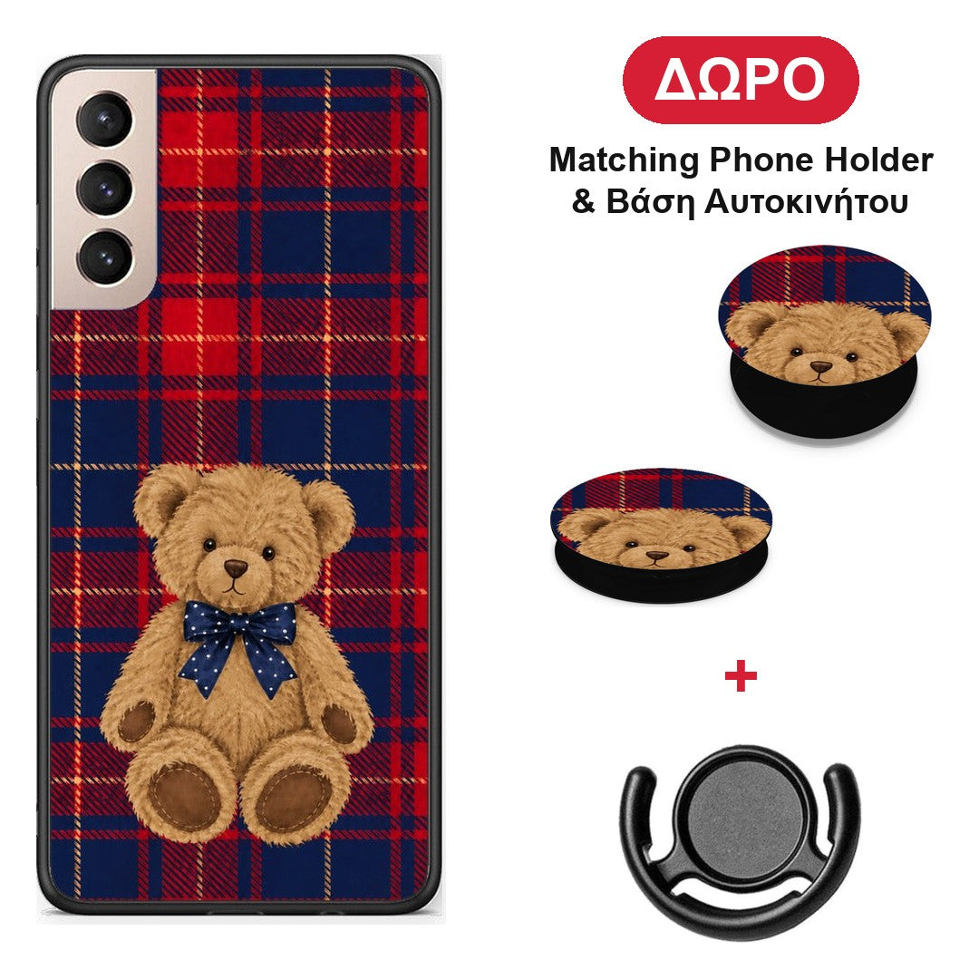 Teddy Bear on Red and Navy Tartan - Samsung Galaxy S21+ θήκη + Δώρο Phone Holder & Βάση Αυτοκινήτου