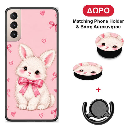 White Bunny and Pink Bows - Samsung Galaxy S21+ θήκη + Δώρο Phone Holder & Βάση Αυτοκινήτου