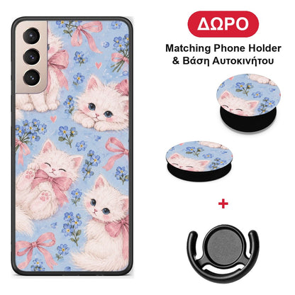 White Kittens and Blue Flowers Large - Samsung Galaxy S21+ θήκη + Δώρο Phone Holder & Βάση Αυτοκινήτου