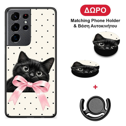 Black Kitten Pink Bow and Polka Dots - Samsung Galaxy S21 Ultra θήκη + Δώρο Phone Holder & Βάση Αυτοκινήτου