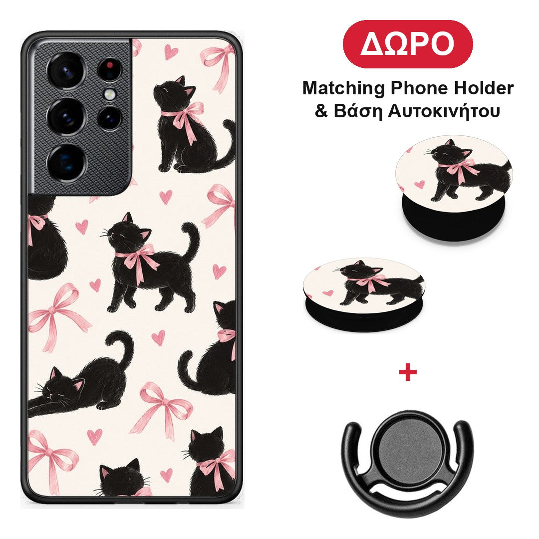 Black Kittens and Pink Bows on Cream Large - Samsung Galaxy S21 Ultra θήκη + Δώρο Phone Holder & Βάση Αυτοκινήτου