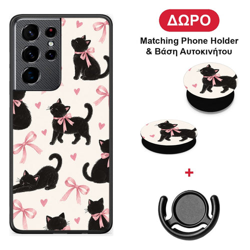Black Kittens and Pink Bows on Cream Large - Samsung Galaxy S21 Ultra θήκη + Δώρο Phone Holder & Βάση Αυτοκινήτου