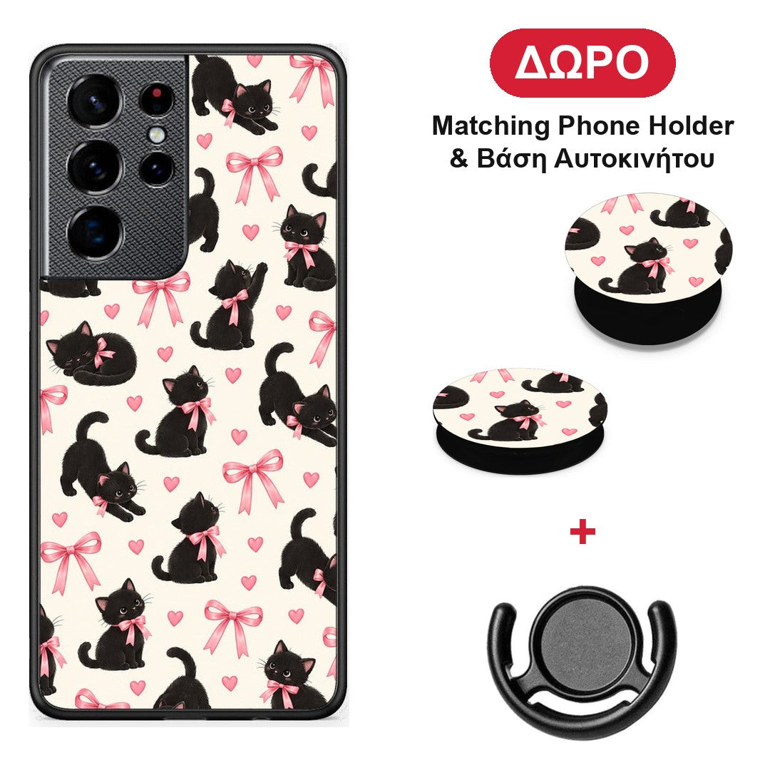 Black Kittens and Pink Bows on Cream Small - Samsung Galaxy S21 Ultra θήκη + Δώρο Phone Holder & Βάση Αυτοκινήτου