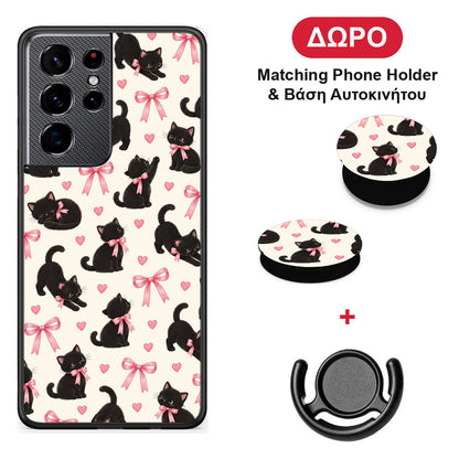 Black Kittens and Pink Bows on Cream Small - Samsung Galaxy S21 Ultra θήκη + Δώρο Phone Holder & Βάση Αυτοκινήτου