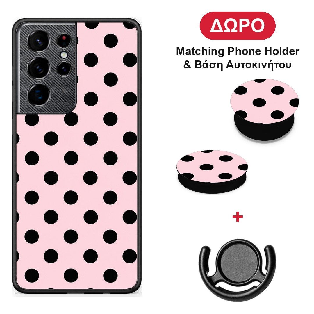 Black Polka Dots on Pink - Samsung Galaxy S21 Ultra θήκη + Δώρο Phone Holder & Βάση Αυτοκινήτου