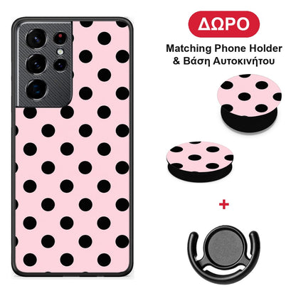 Black Polka Dots on Pink - Samsung Galaxy S21 Ultra θήκη + Δώρο Phone Holder & Βάση Αυτοκινήτου