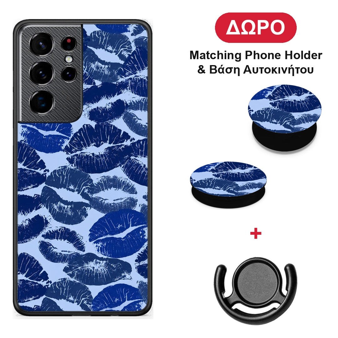 Blue Lipstick Kisses - Samsung Galaxy S21 Ultra θήκη + Δώρο Phone Holder & Βάση Αυτοκινήτου