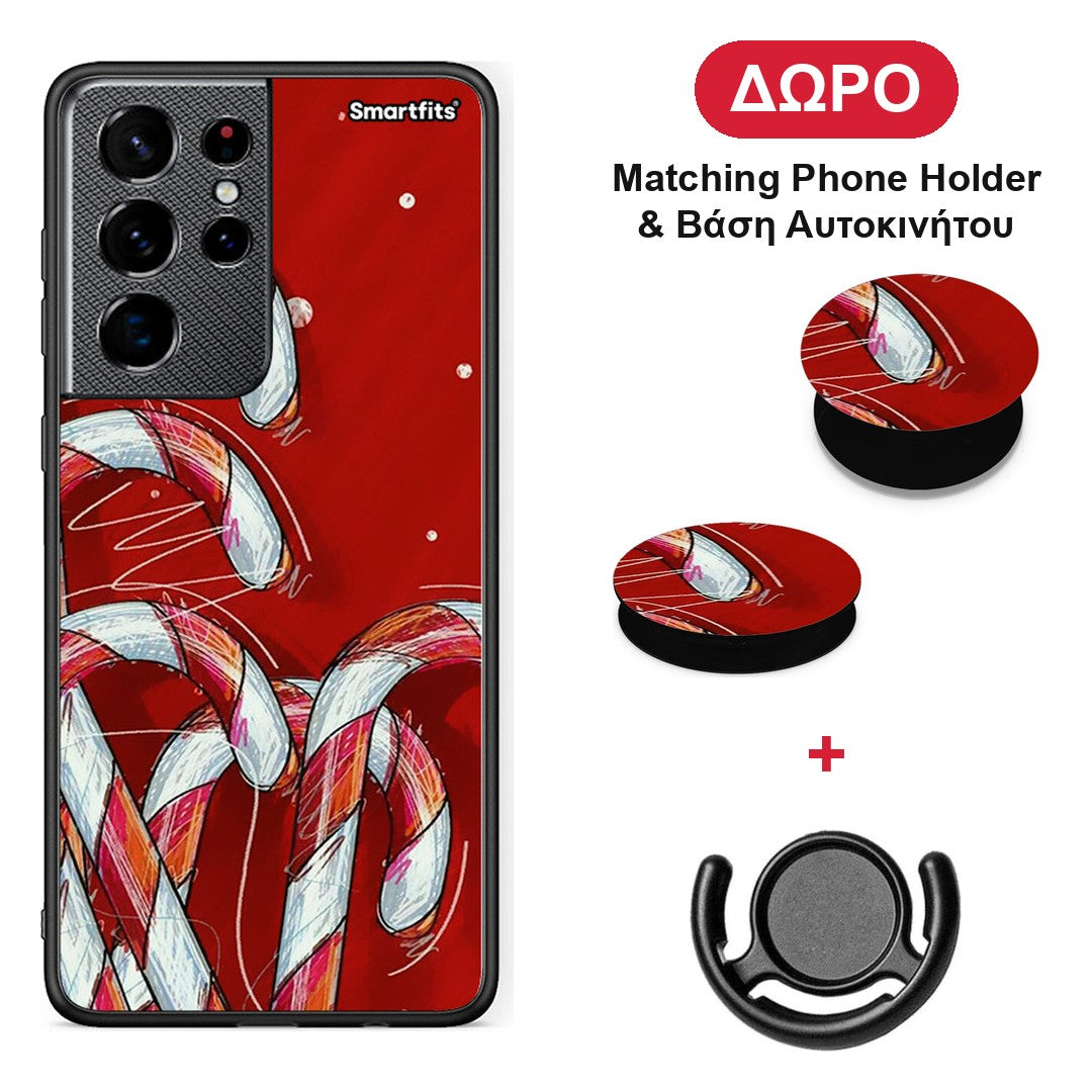 Candy Cane - Samsung Galaxy S21 Ultra θήκη + Δώρο Phone Holder & Βάση Αυτοκινήτου
