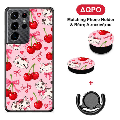 Cherries Bows and Kittens on Pink - Samsung Galaxy S21 Ultra θήκη + Δώρο Phone Holder & Βάση Αυτοκινήτου