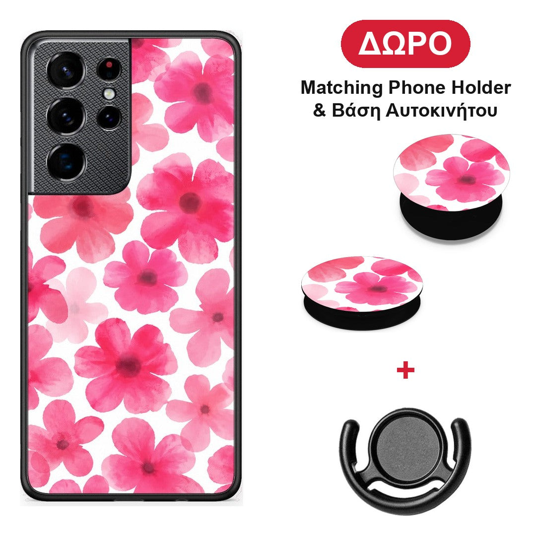 Pink Watercolour Flowers on White - Samsung Galaxy S21 Ultra θήκη + Δώρο Phone Holder & Βάση Αυτοκινήτου