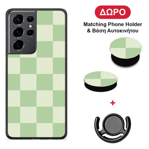 Sage and Cream Striped Checks - Samsung Galaxy S21 Ultra θήκη + Δώρο Phone Holder & Βάση Αυτοκινήτου