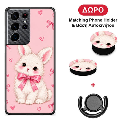 White Bunny and Pink Bows - Samsung Galaxy S21 Ultra θήκη + Δώρο Phone Holder & Βάση Αυτοκινήτου