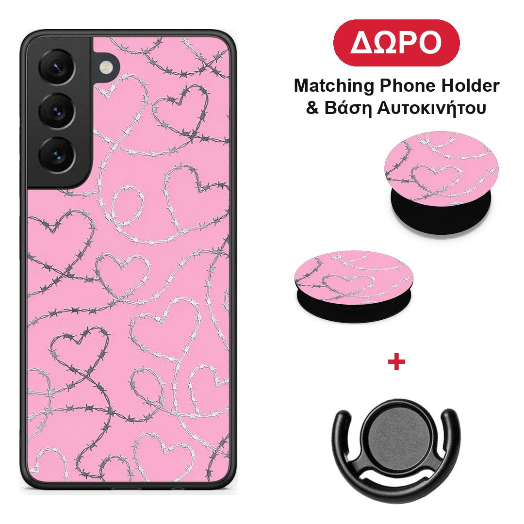 Barbed Wire Hearts on Pink - Samsung Galaxy S22 θήκη + Δώρο Phone Holder & Βάση Αυτοκινήτου
