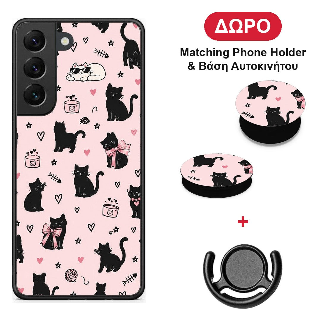 Black Cat Doodles on Pink - Samsung Galaxy S22 θήκη + Δώρο Phone Holder & Βάση Αυτοκινήτου