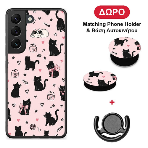 Black Cat Doodles on Pink - Samsung Galaxy S22 θήκη + Δώρο Phone Holder & Βάση Αυτοκινήτου