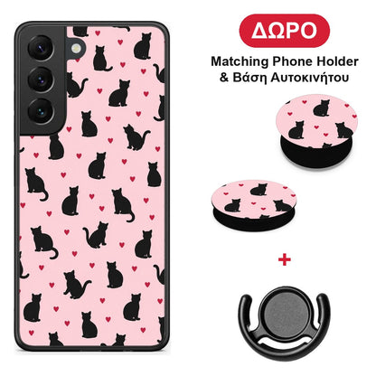 Black Cat Silhouettes and Hearts on Pink - Samsung Galaxy S22 θήκη + Δώρο Phone Holder & Βάση Αυτοκινήτου