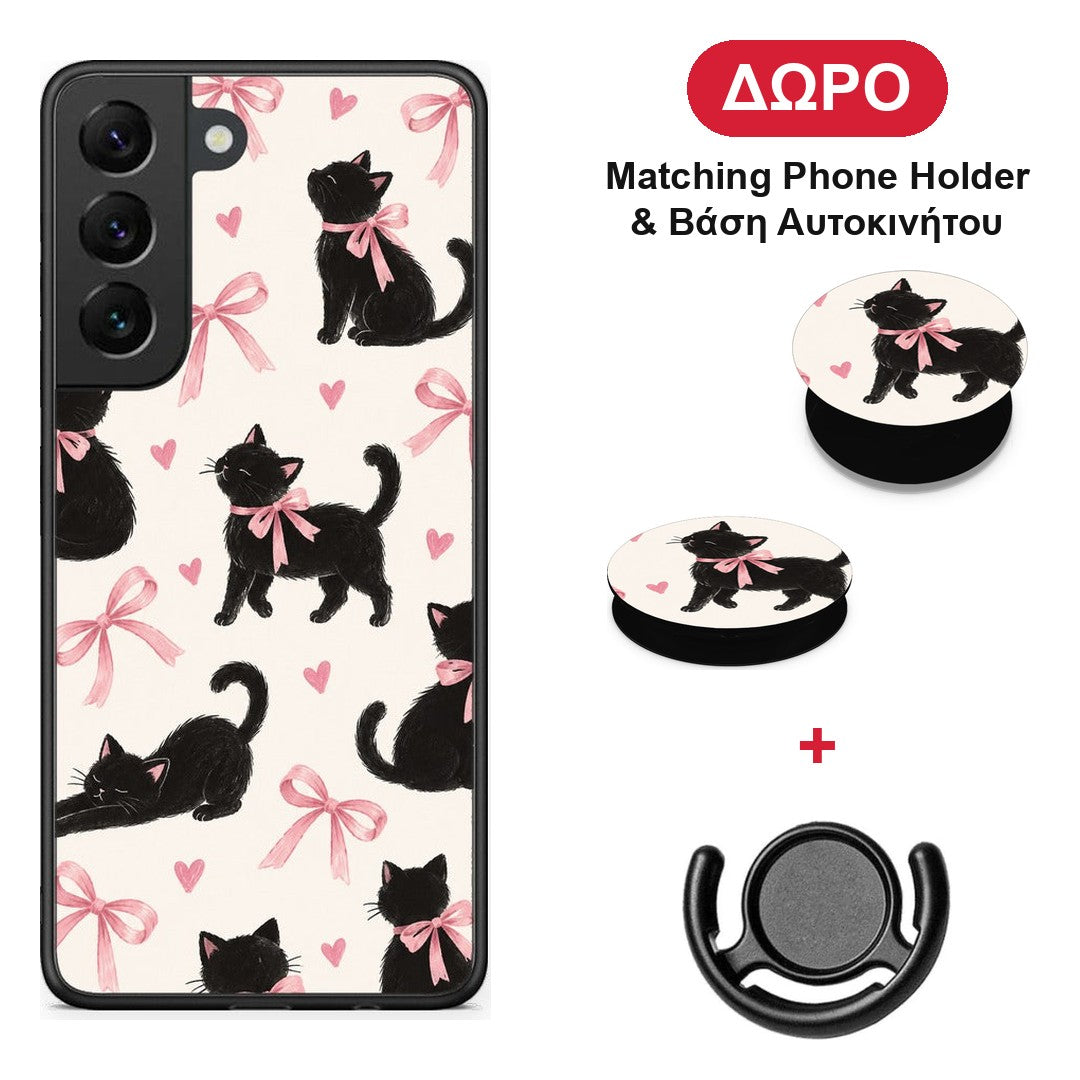 Black Kittens and Pink Bows on Cream Large - Samsung Galaxy S22 θήκη + Δώρο Phone Holder & Βάση Αυτοκινήτου