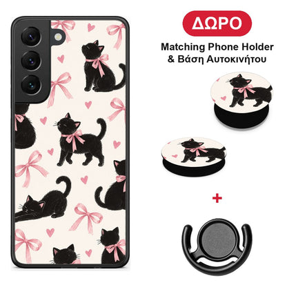 Black Kittens and Pink Bows on Cream Large - Samsung Galaxy S22 θήκη + Δώρο Phone Holder & Βάση Αυτοκινήτου