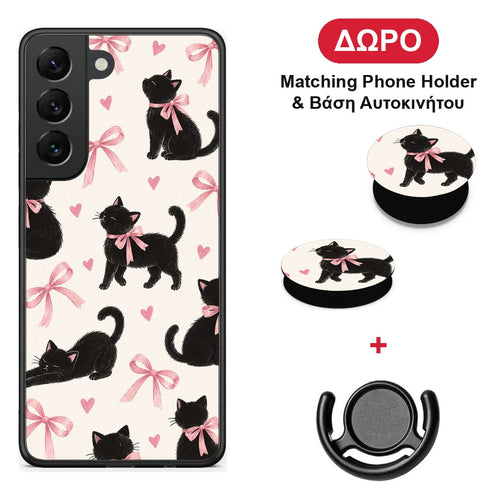 Black Kittens and Pink Bows on Cream Large - Samsung Galaxy S22 θήκη + Δώρο Phone Holder & Βάση Αυτοκινήτου