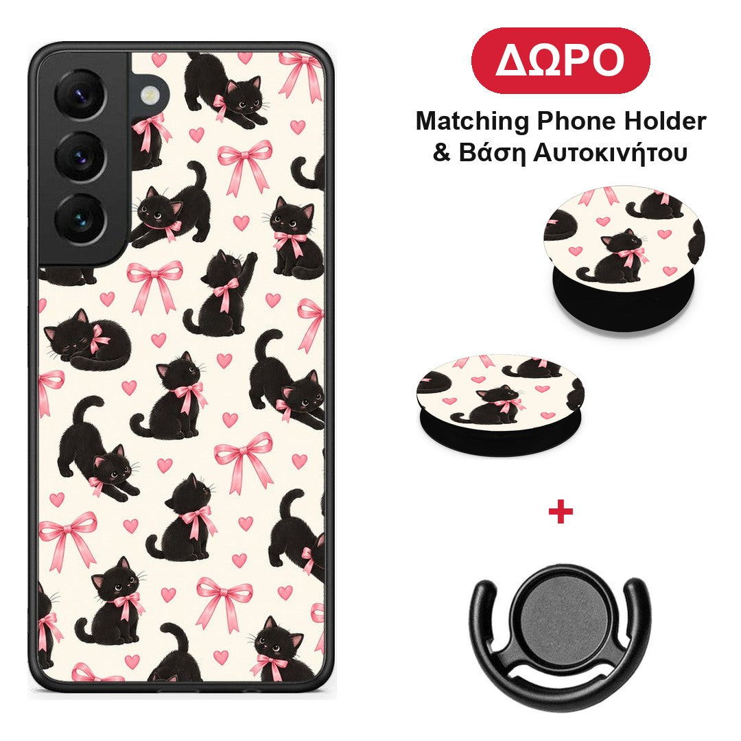 Black Kittens and Pink Bows on Cream Small - Samsung Galaxy S22 θήκη + Δώρο Phone Holder & Βάση Αυτοκινήτου